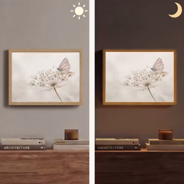 Vlinder - Bloem -Natuur - Beige Light Box met batterij (Wandlamp) middel -sfeer3