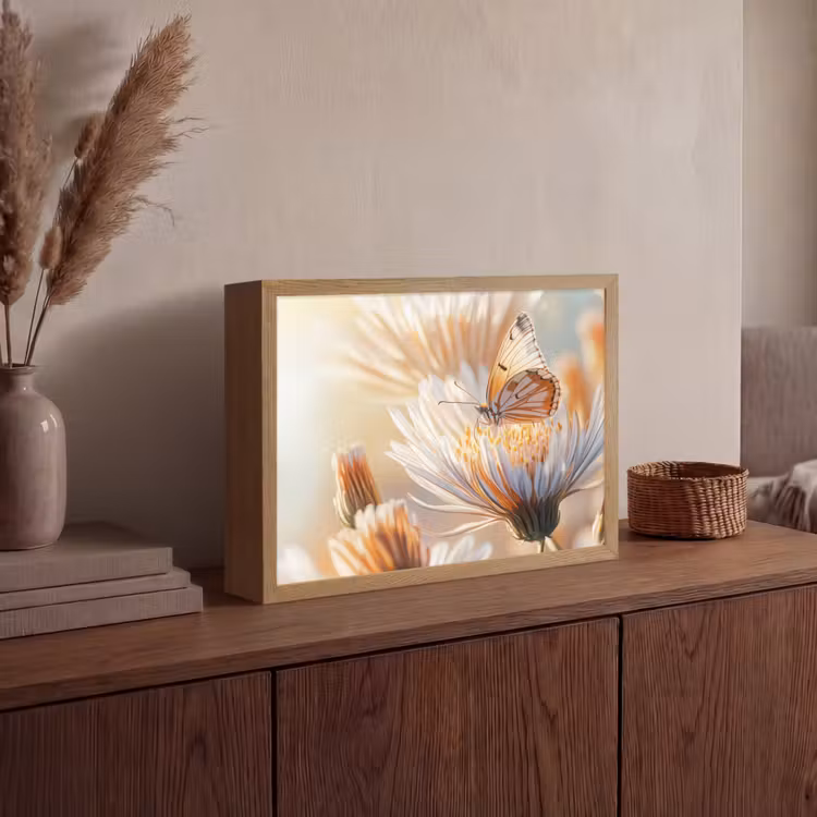 Vlinder - Bloem - Oranje Light Box met batterij (Wandlamp) middel -sfeer2