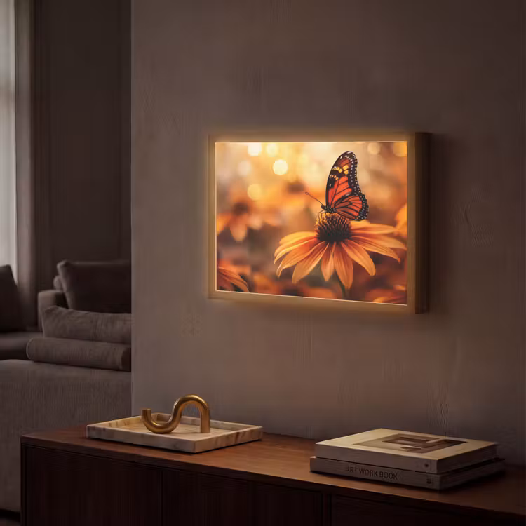 Vlinder - Bloemen - Oranje Light Box met batterij (Wandlamp) middel -sfeer1