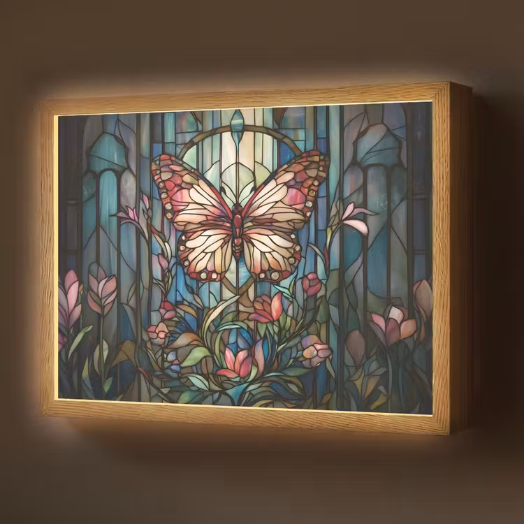 Vlinder - Roze - Bloemen - Bladeren Light Box met batterij (Wandlamp) middel -z3d_website
