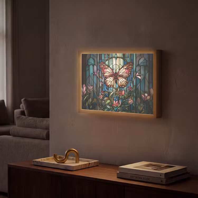 Vlinder - Roze - Bloemen - Bladeren Light Box met batterij (Wandlamp) middel -sfeer1