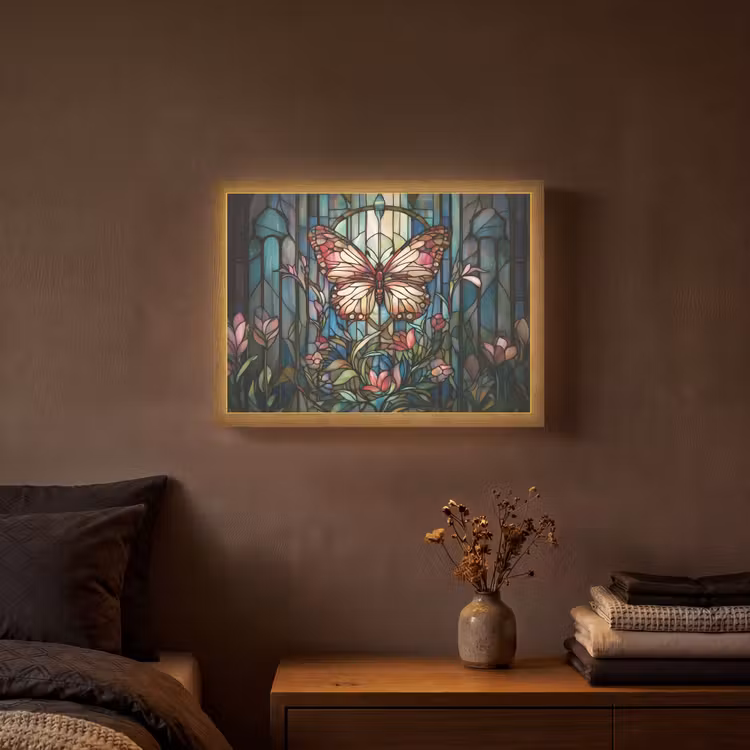 Vlinder - Roze - Bloemen - Bladeren Light Box met batterij (Wandlamp) middel -sfeer4