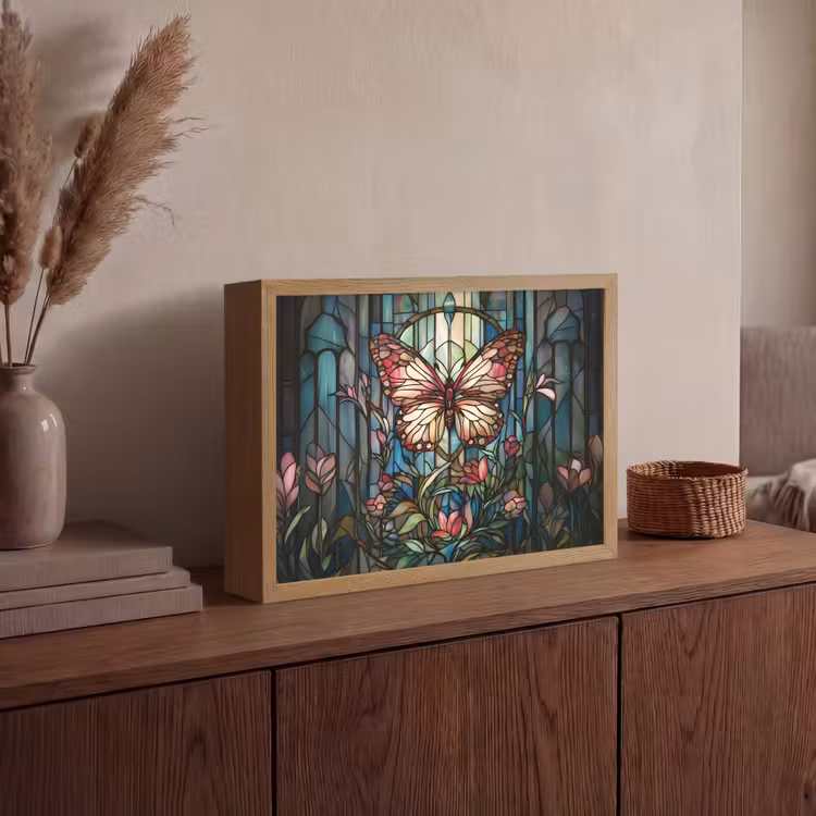 Vlinder - Roze - Bloemen - Bladeren Light Box met batterij (Wandlamp) middel -sfeer2