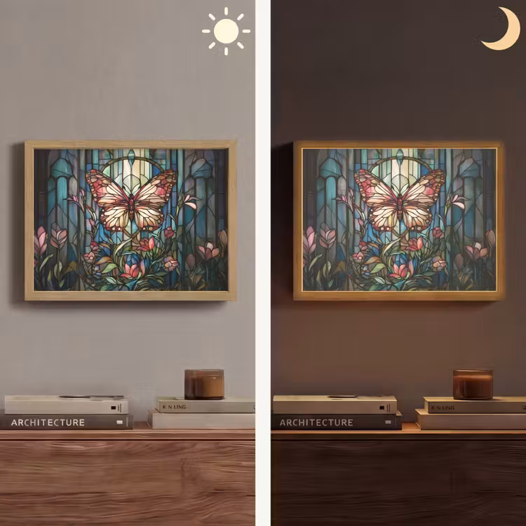 Vlinder - Roze - Bloemen - Bladeren Light Box met batterij (Wandlamp) middel -sfeer3