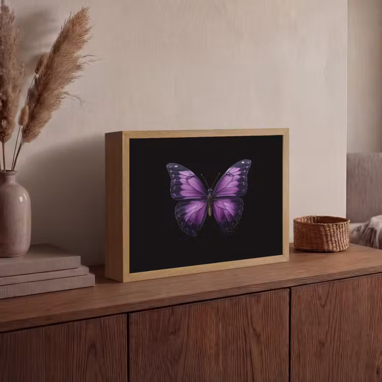 Vlinder - Paars - Levendig Light Box met batterij (Wandlamp) middel -sfeer2