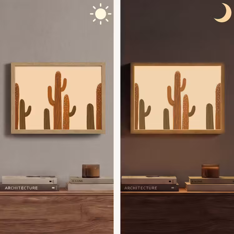 Cactus - Woestijn - Zand - Bruin Light Box met batterij (Wandlamp) middel -sfeer3