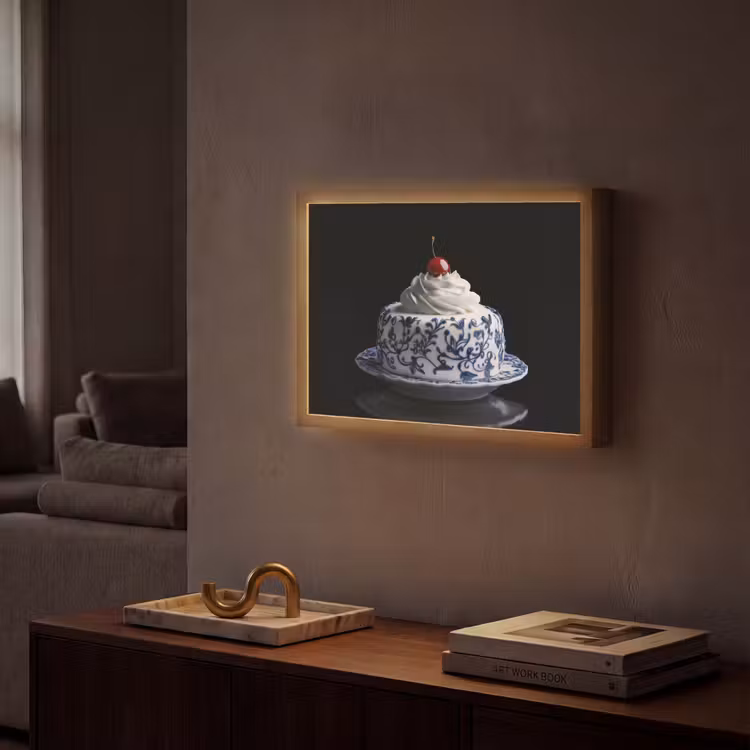 Taart - Slagroom - Kers - Bord - Delfts blauw Light Box met batterij (Wandlamp) middel -sfeer1