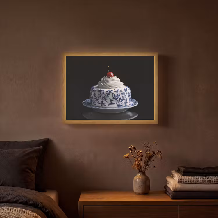 Taart - Slagroom - Kers - Bord - Delfts blauw Light Box met batterij (Wandlamp) middel -sfeer4