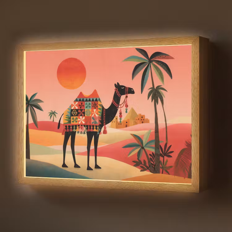 Kameel - Gekleurd tapijt - Duinen - Rode zon Light Box met batterij (Wandlamp) middel -z3d_website