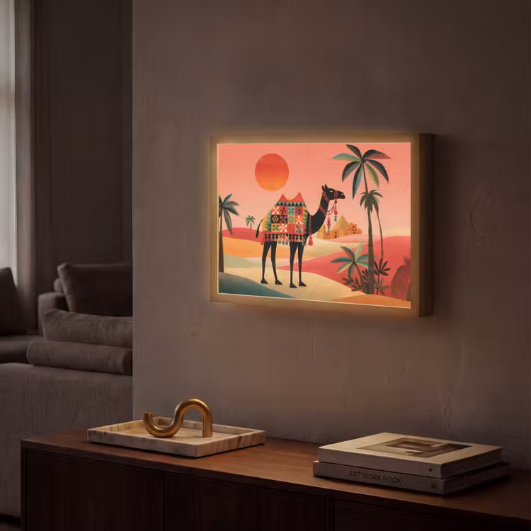 Kameel - Gekleurd tapijt - Duinen - Rode zon Light Box met batterij (Wandlamp) middel -sfeer1