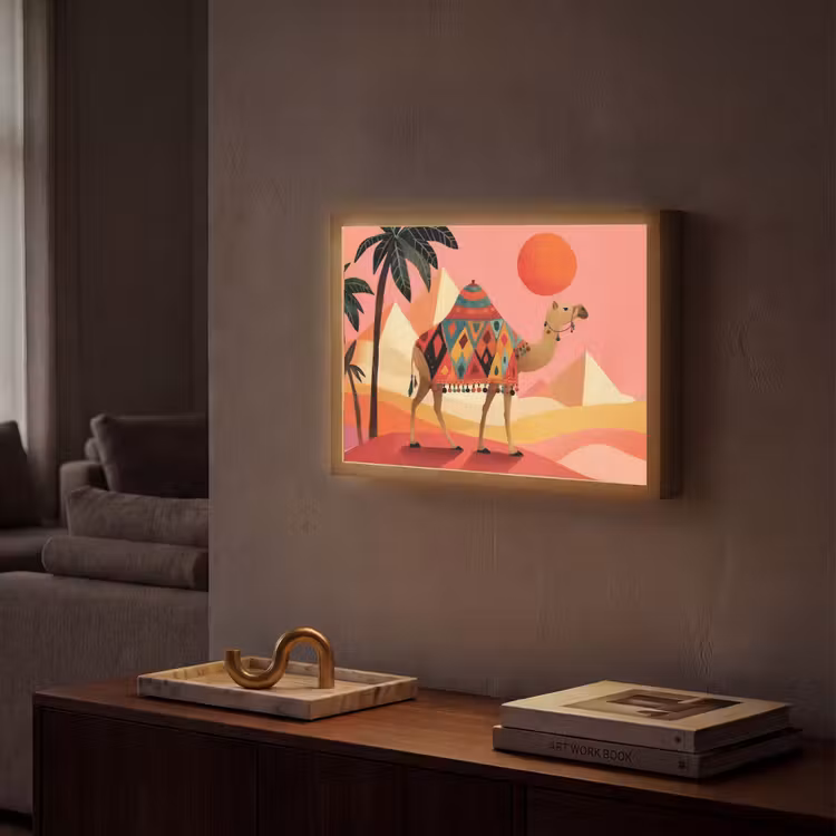 Kameel - Pyramides - Rode zon Light Box met batterij (Wandlamp) middel -sfeer1