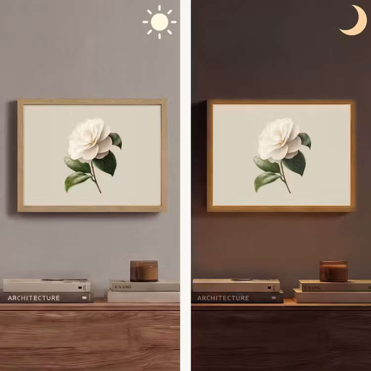 Cameliabloem - Wit - Groen Light Box met batterij (Wandlamp) middel -sfeer3