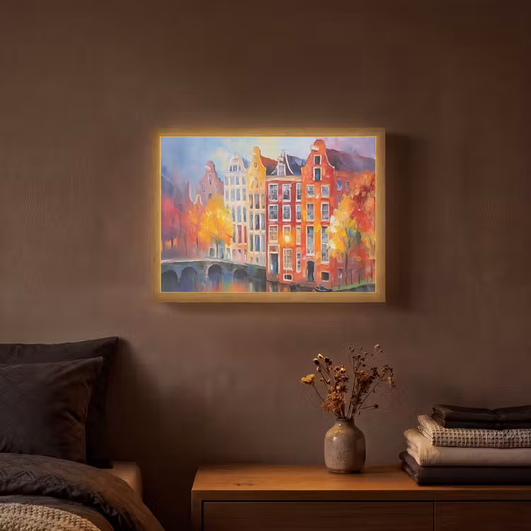Grachtenpanden - Kunst - Schilderij - Amsterdam Light Box met batterij (Wandlamp) middel -sfeer4
