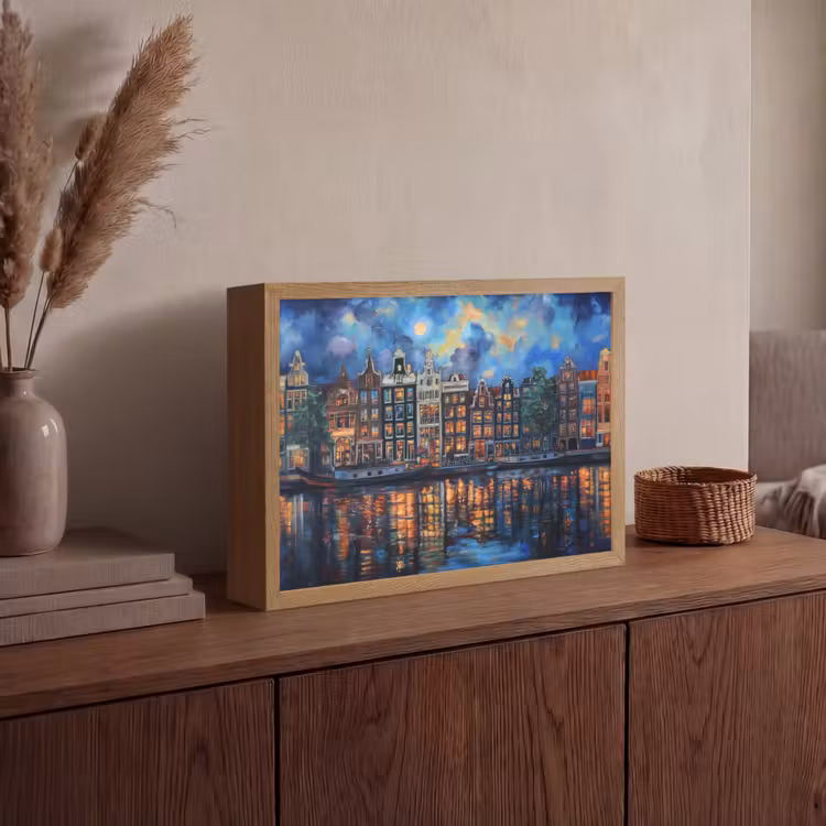 Grachten Amsterdam - Huizen - Stad - Kleurrijk Light Box met batterij (Wandlamp) middel -sfeer2