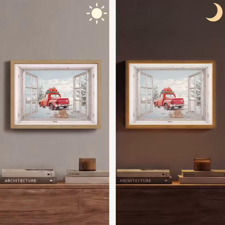 Auto - Rood - Cadeaus - Winter - Kerst - Doorkijk - Wit Light Box met batterij (Wandlamp) middel -sfeer3
