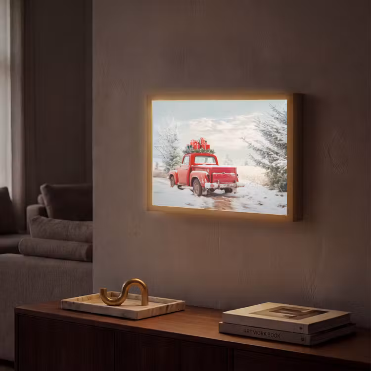 Auto - Rood - Cadeaus - Winter - Sneeuw - Kerst Light Box met batterij (Wandlamp) middel -sfeer1
