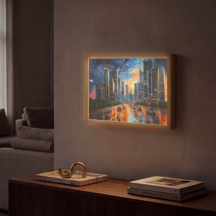 Auto - Skyline - Zon - Blauw Light Box met batterij (Wandlamp) middel -sfeer1