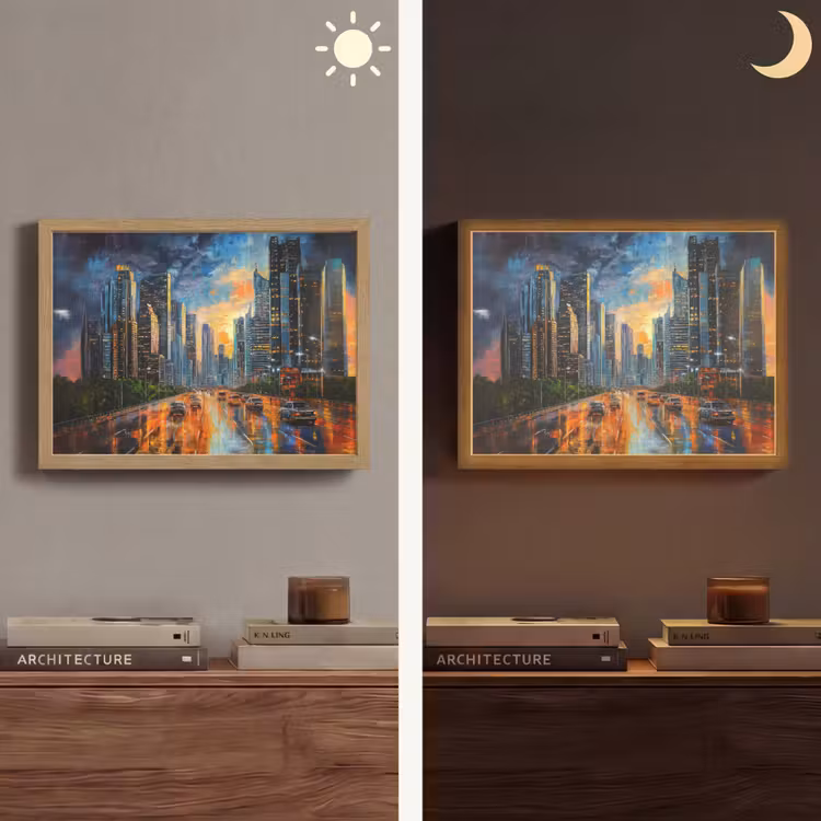 Auto - Skyline - Zon - Blauw Light Box met batterij (Wandlamp) middel -sfeer3