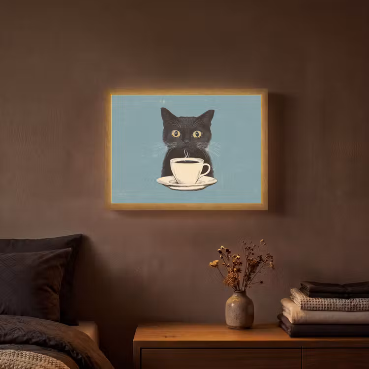 Kat - Zwart - Koffie - Minimalistisch Light Box met batterij (Wandlamp) middel -sfeer4
