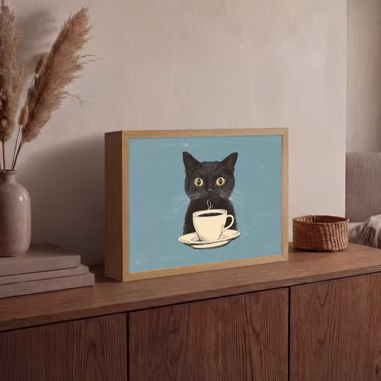 Kat - Zwart - Koffie - Minimalistisch Light Box met batterij (Wandlamp) middel -sfeer2