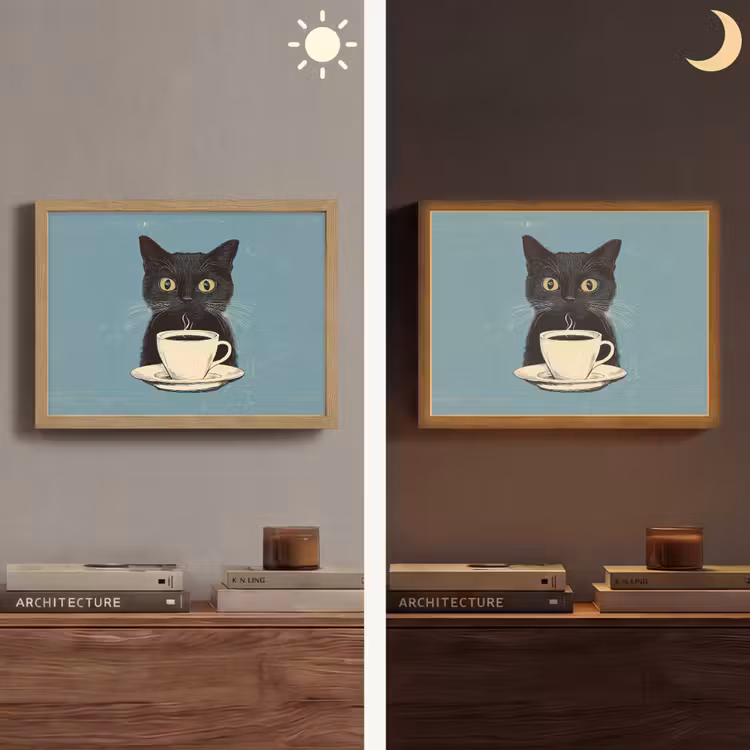 Kat - Zwart - Koffie - Minimalistisch Light Box met batterij (Wandlamp) middel -sfeer3