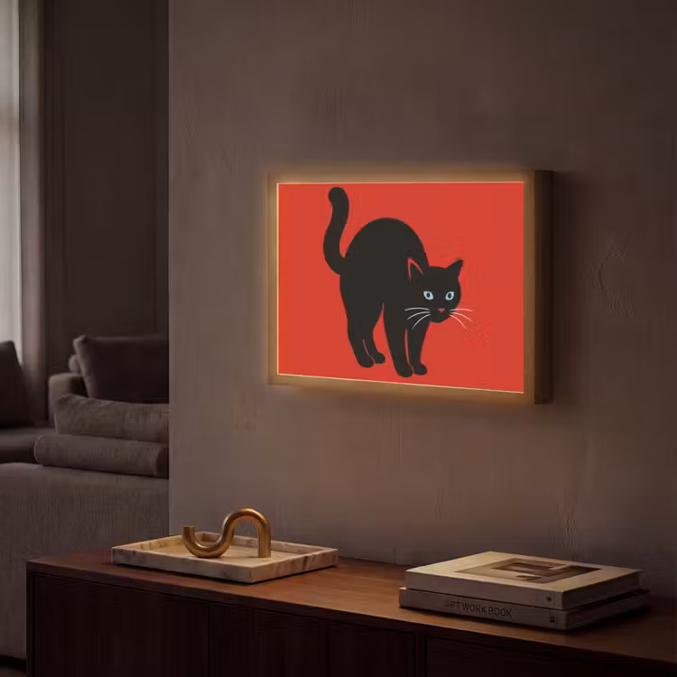 Kat - Zwart - Staart Light Box met batterij (Wandlamp) middel -sfeer1