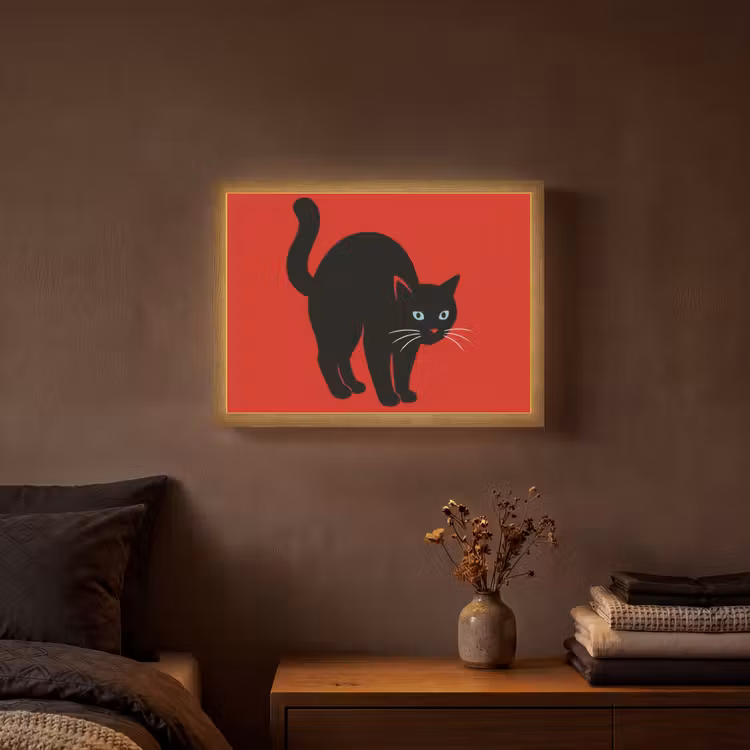 Kat - Zwart - Staart Light Box met batterij (Wandlamp) middel -sfeer4