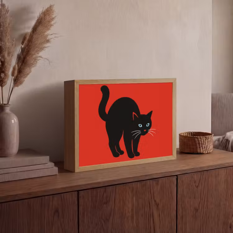Kat - Zwart - Staart Light Box met batterij (Wandlamp) middel -sfeer2