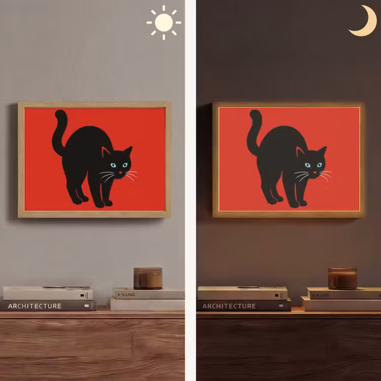 Kat - Zwart - Staart Light Box met batterij (Wandlamp) middel -sfeer3