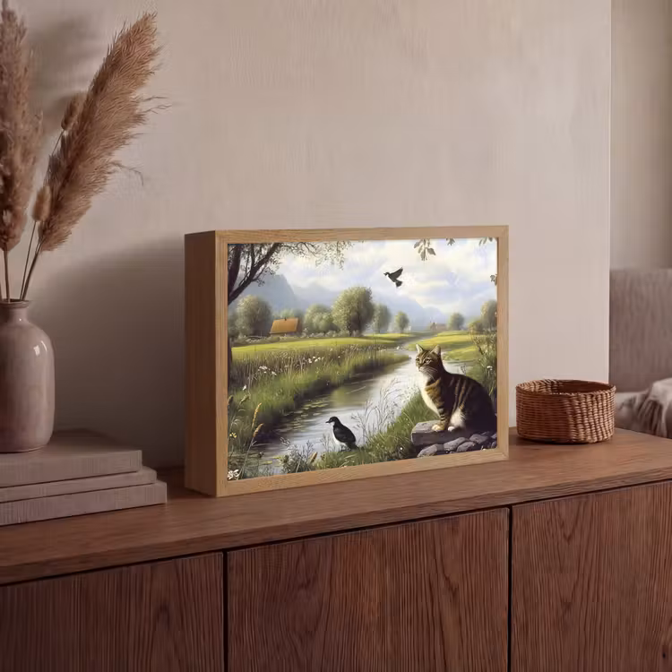 Kat - Beekje - Weide Light Box met batterij (Wandlamp) middel -sfeer2