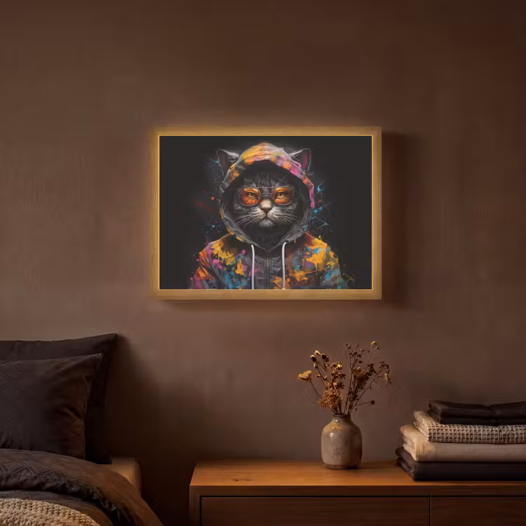 Kat - Jas - Graffiti - Bril - Zwart Light Box met batterij (Wandlamp) middel -sfeer4