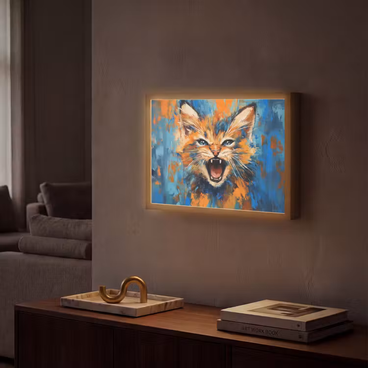 Kat - Kleurrijk - Oranje - Blauw Light Box met batterij (Wandlamp) middel -sfeer1