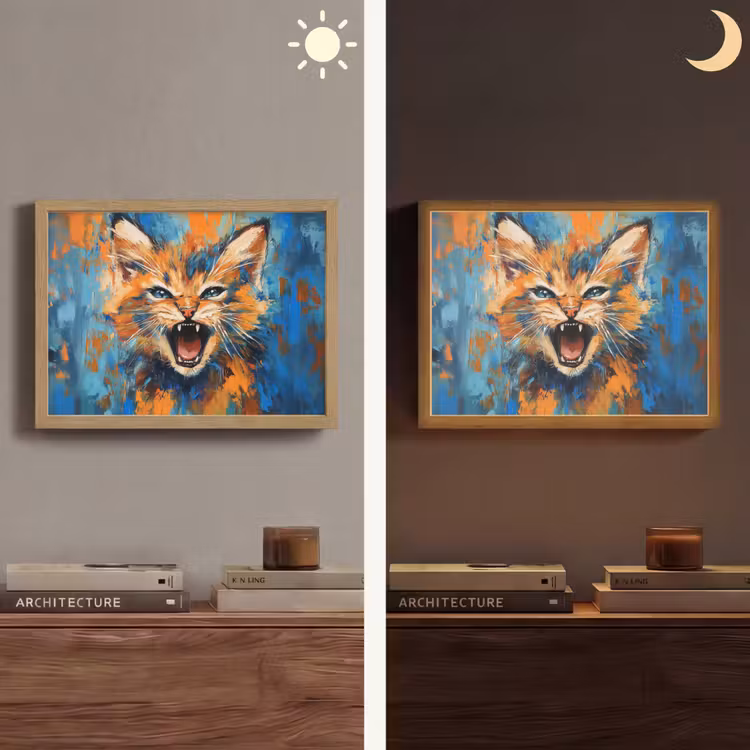 Kat - Kleurrijk - Oranje - Blauw Light Box met batterij (Wandlamp) middel -sfeer3