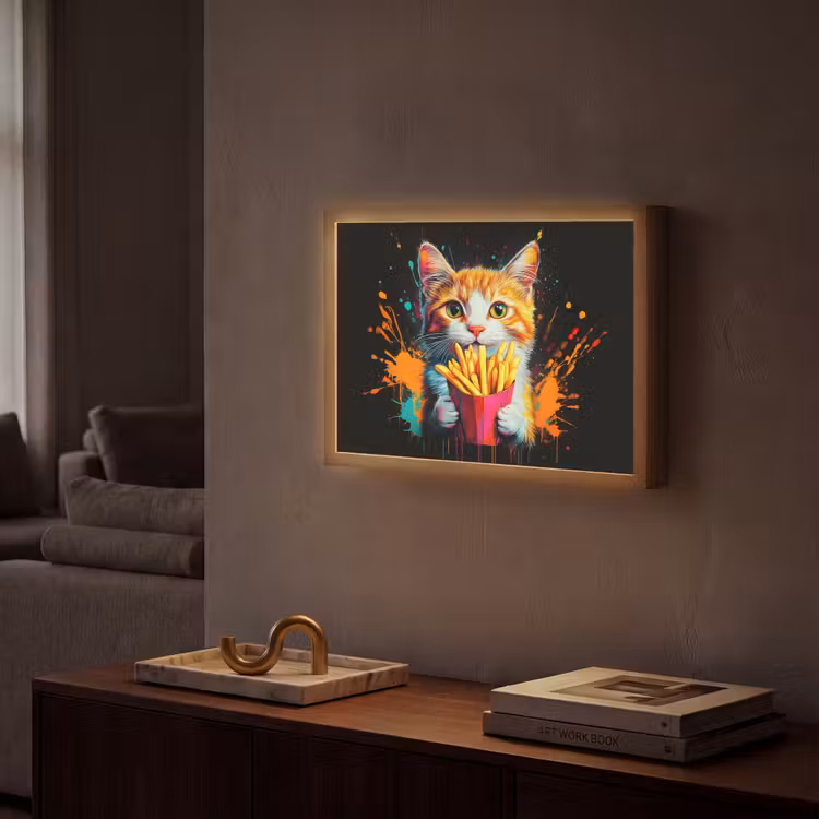 Kat - Eten - Patat - Graffiti - Abstract Light Box met batterij (Wandlamp) middel -sfeer1