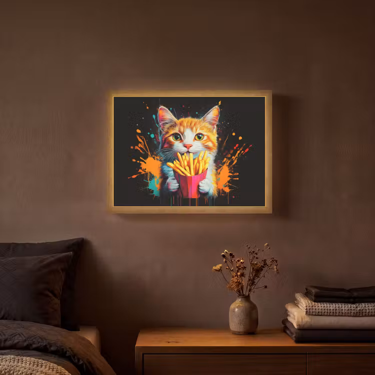 Kat - Eten - Patat - Graffiti - Abstract Light Box met batterij (Wandlamp) middel -sfeer4