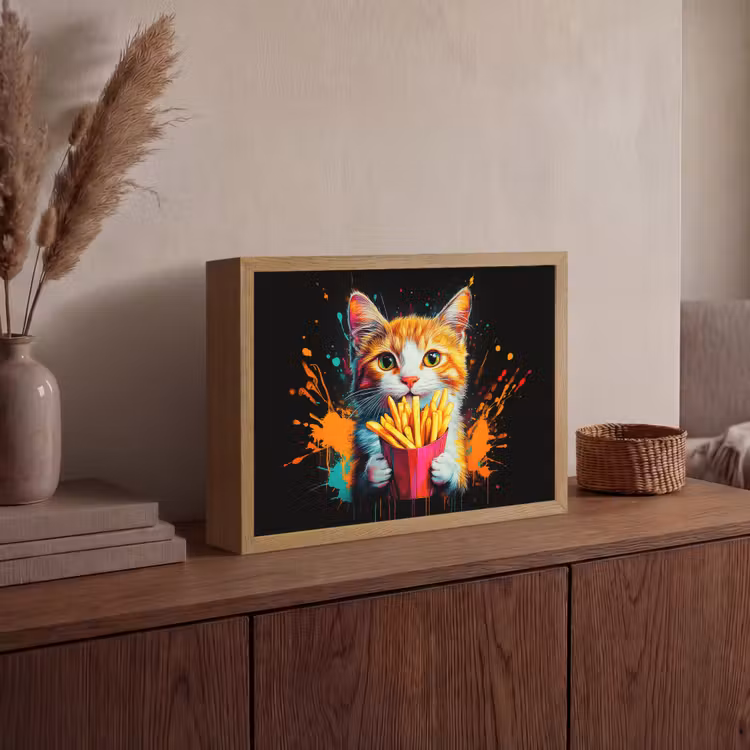 Kat - Eten - Patat - Graffiti - Abstract Light Box met batterij (Wandlamp) middel -sfeer2