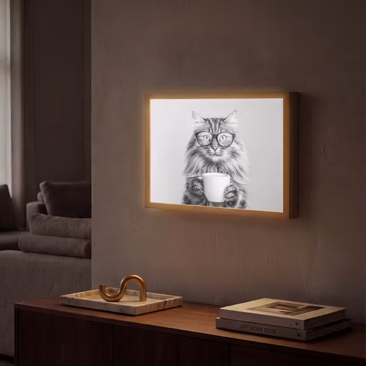 Kat - Bril - Mok - Pluizig Light Box met batterij (Wandlamp) middel -sfeer1