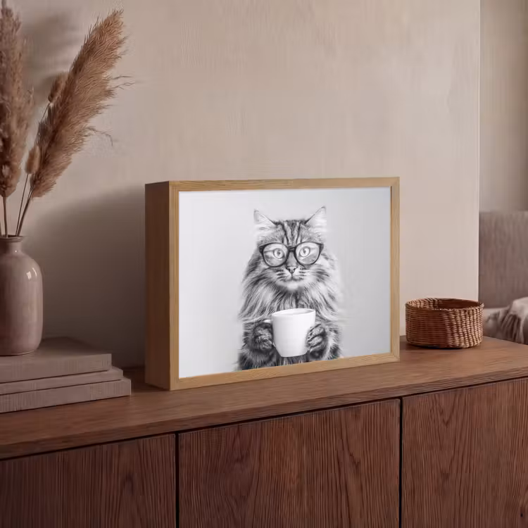 Kat - Bril - Mok - Pluizig Light Box met batterij (Wandlamp) middel -sfeer2