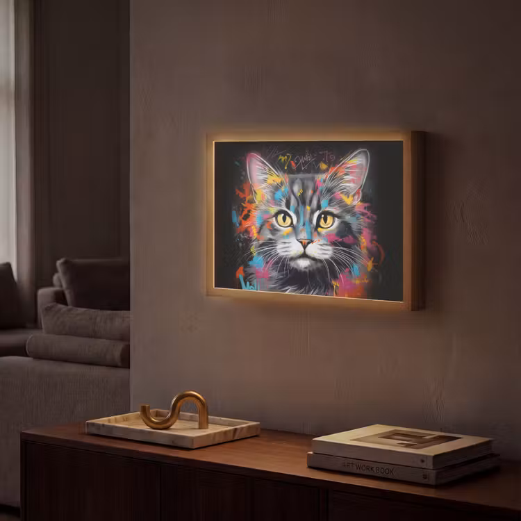 Kat - Graffiti - Dieren - Kleuren - Grijs Light Box met batterij (Wandlamp) middel -sfeer1