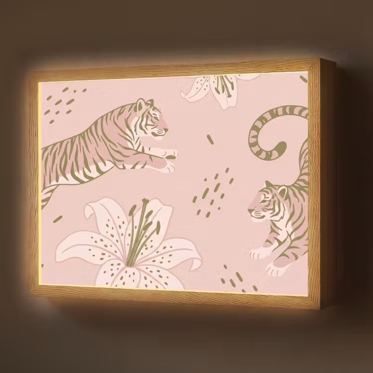 Kat - Springend - Bloemen - Abstract - Roze Light Box met batterij (Wandlamp) middel -z3d_website