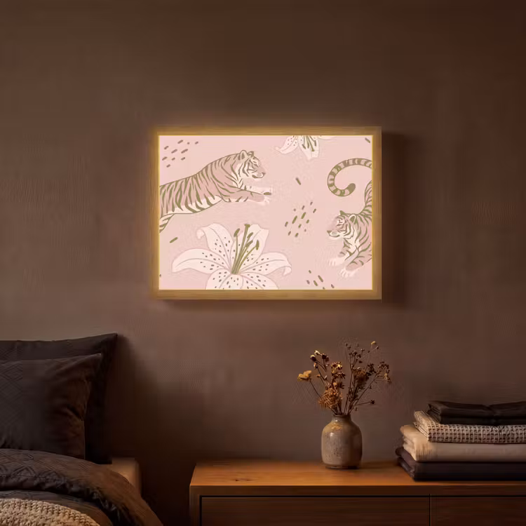 Kat - Springend - Bloemen - Abstract - Roze Light Box met batterij (Wandlamp) middel -sfeer4