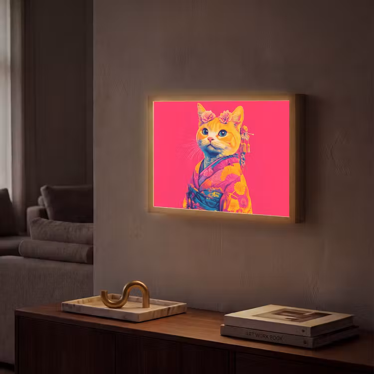 Kat - Kimono - Bloemen - Roze Light Box met batterij (Wandlamp) middel -sfeer1