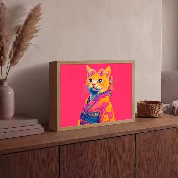 Kat - Kimono - Bloemen - Roze Light Box met batterij (Wandlamp) middel -sfeer2