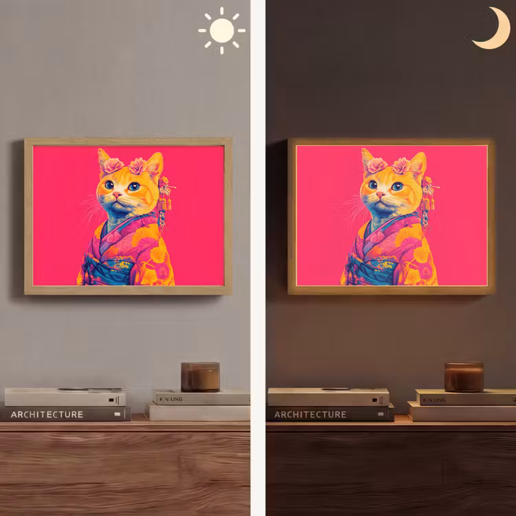 Kat - Kimono - Bloemen - Roze Light Box met batterij (Wandlamp) middel -sfeer3