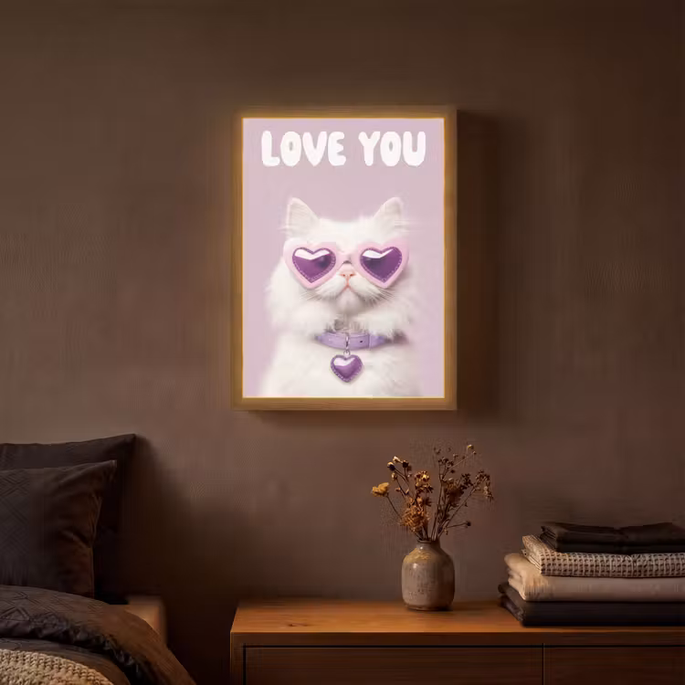 Kat - Love - Paars - Valentijn Light Box met batterij (Wandlamp) middel -sfeer4