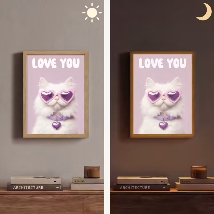 Kat - Love - Paars - Valentijn Light Box met batterij (Wandlamp) middel -sfeer3