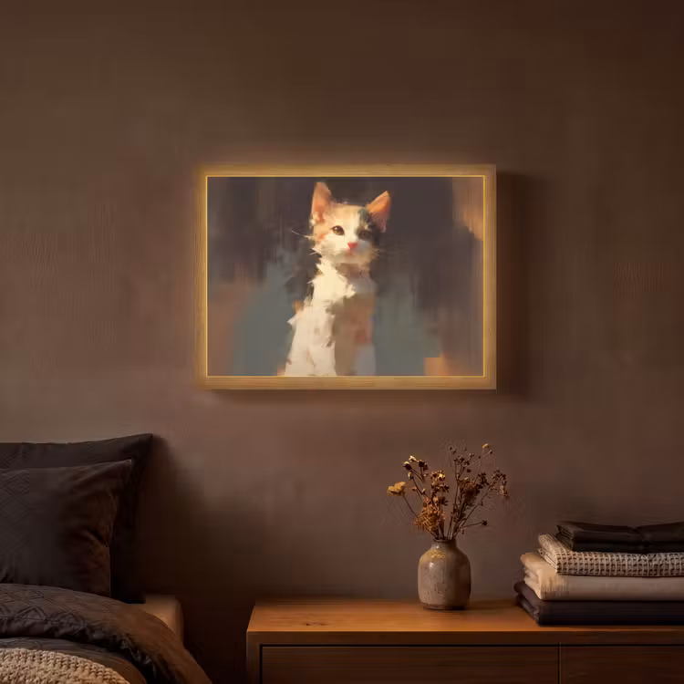 Kat - Geschilderd - Artistiek - Wit Light Box met batterij (Wandlamp) middel -sfeer4