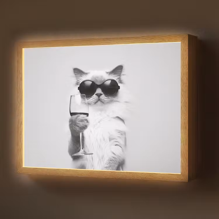 Kat - Zonnebril - Wijnglas - Langharig Light Box met batterij (Wandlamp) middel -z3d_website