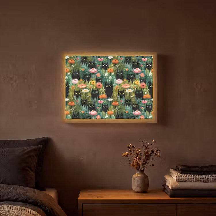Katten - Bloemen - Kleurrijk Light Box met batterij (Wandlamp) middel 907 -sfeer4