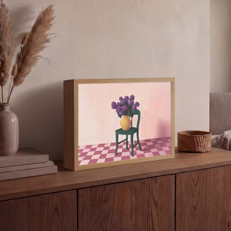 Stoel - Vaas - Bloemen - Geblokt Light Box met batterij (Wandlamp) middel -sfeer2